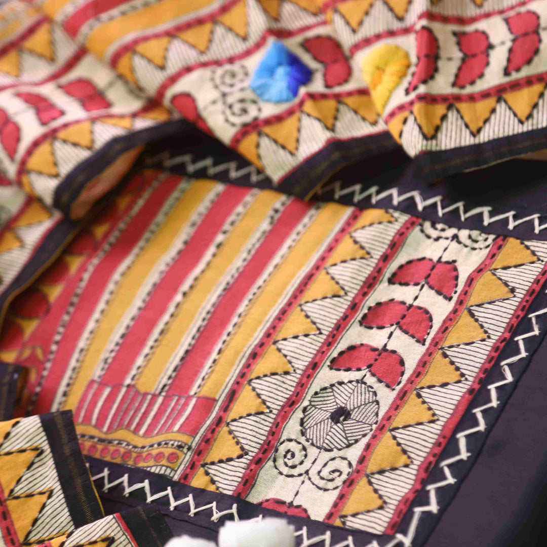 Pankhudi Deep Black Phulkari Work Jam Cotton Top With Art Silk Dupatta