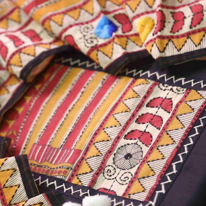 Pankhudi Deep Black Phulkari Work Jam Cotton Top With Art Silk Dupatta