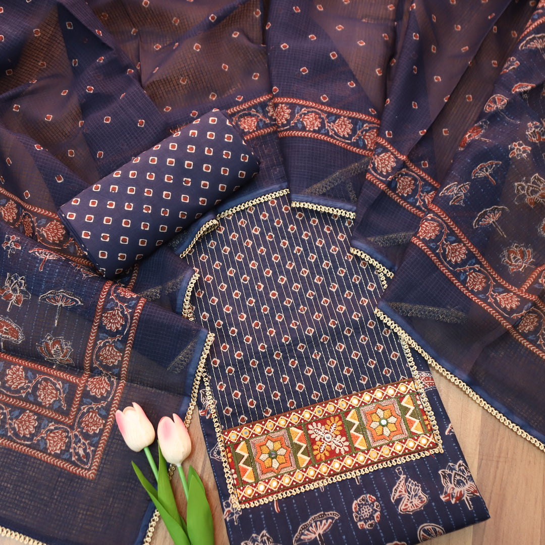 Palak Blue Zari Work Embroidered Yoke Ajrak Print Cotton Set