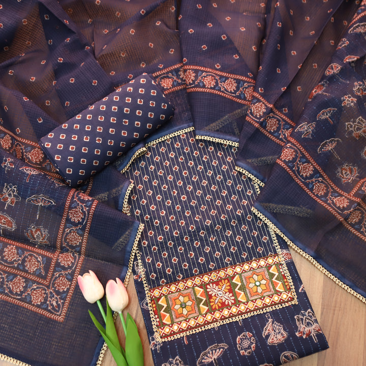 Palak Blue Zari Work Embroidered Yoke Ajrak Print Cotton Set