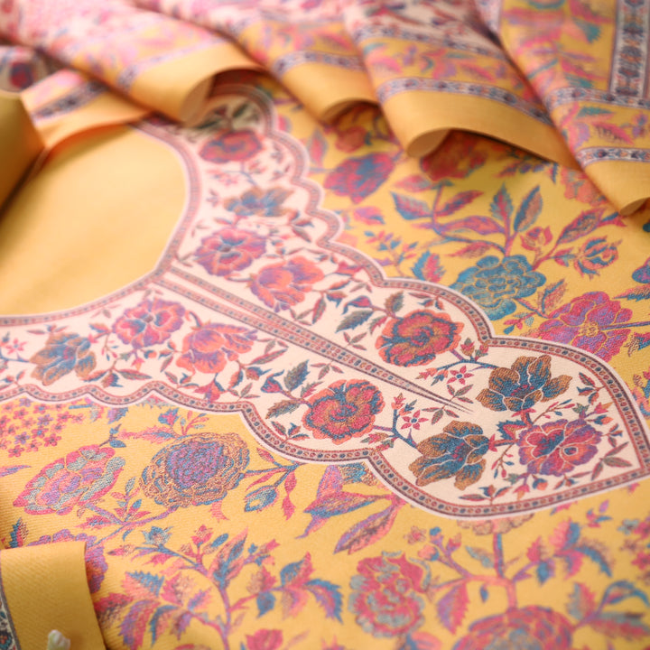 Sayren Sun Yellow Digital Kashmiri Printed Semi Pashmina Winter Set