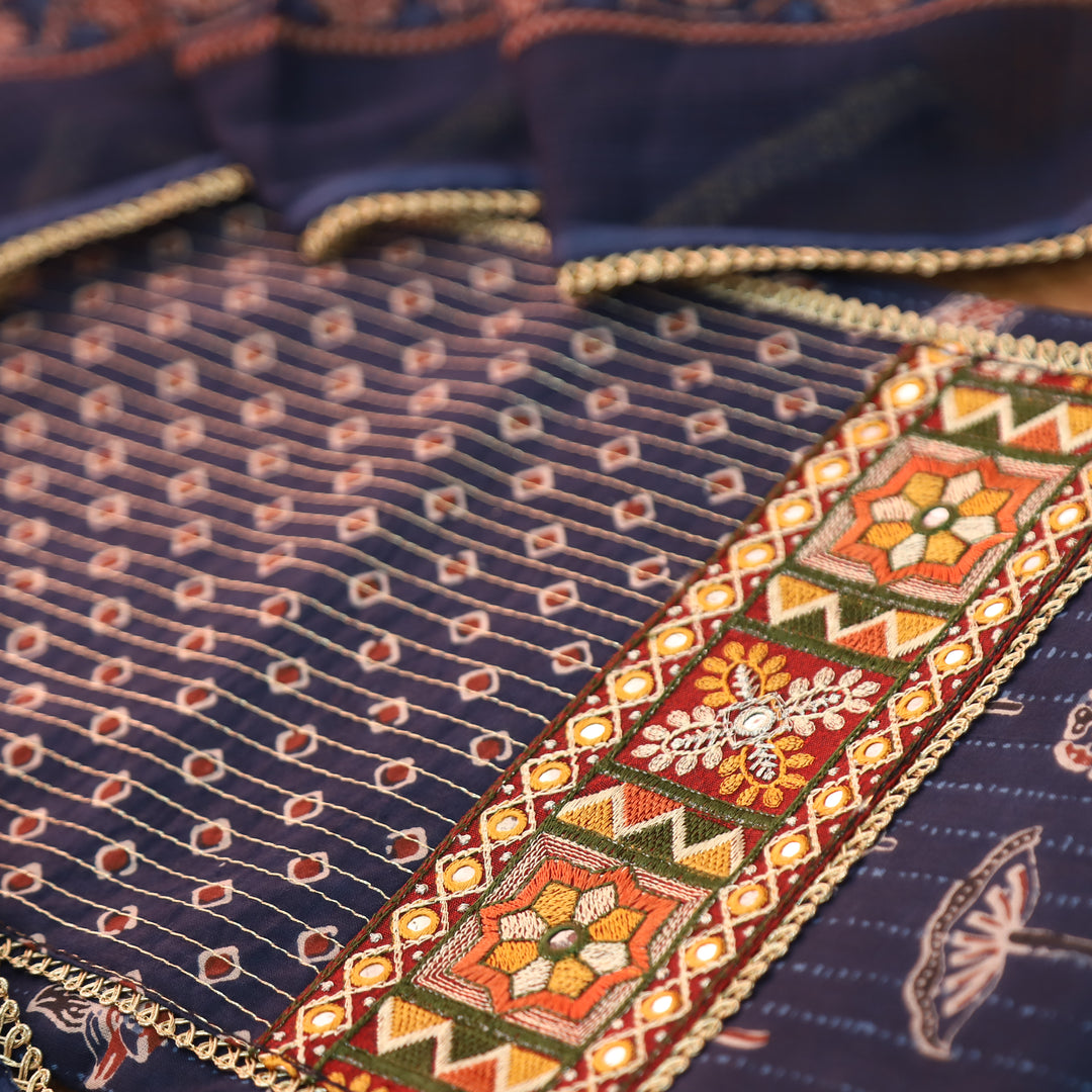 Palak Blue Zari Work Embroidered Yoke Ajrak Print Cotton Set