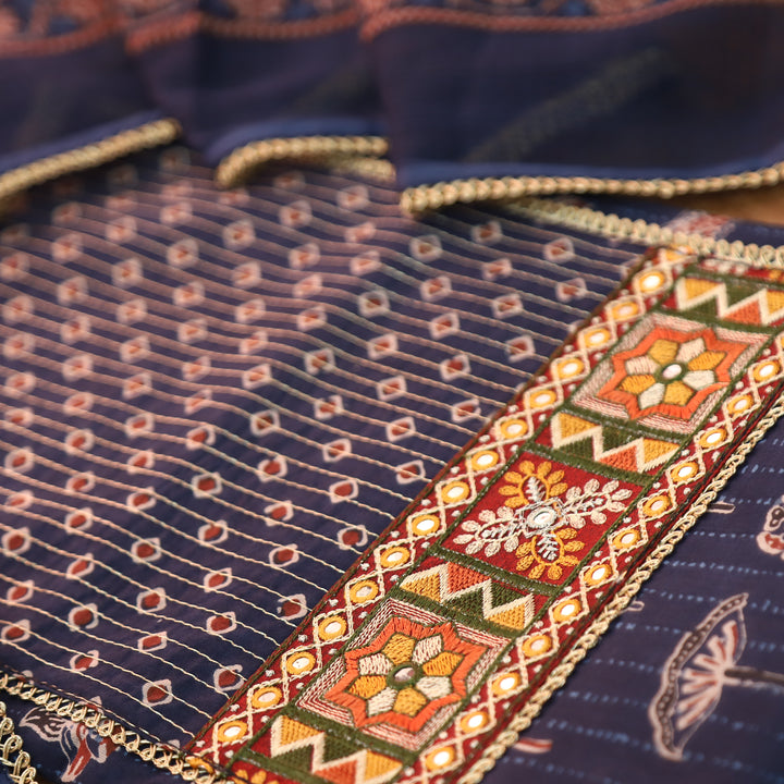 Palak Blue Zari Work Embroidered Yoke Ajrak Print Cotton Set