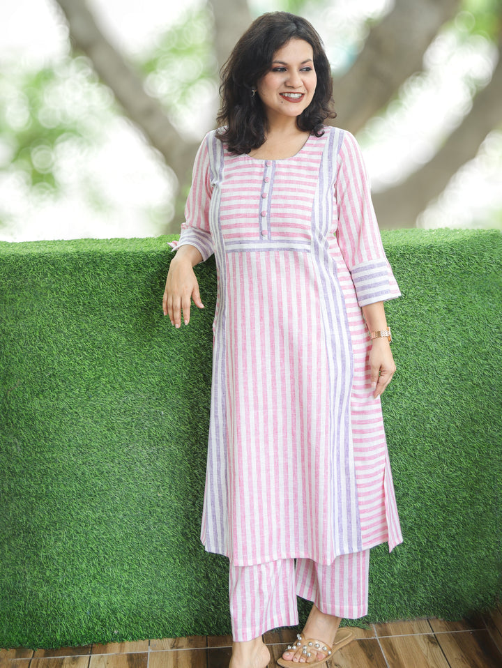 Dharvi White Pink Stripe Triple Panel Style Linen 2 Piece Set