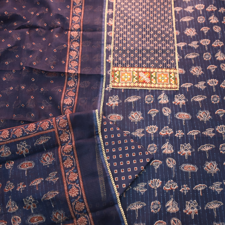 Palak Blue Zari Work Embroidered Yoke Ajrak Print Cotton Set