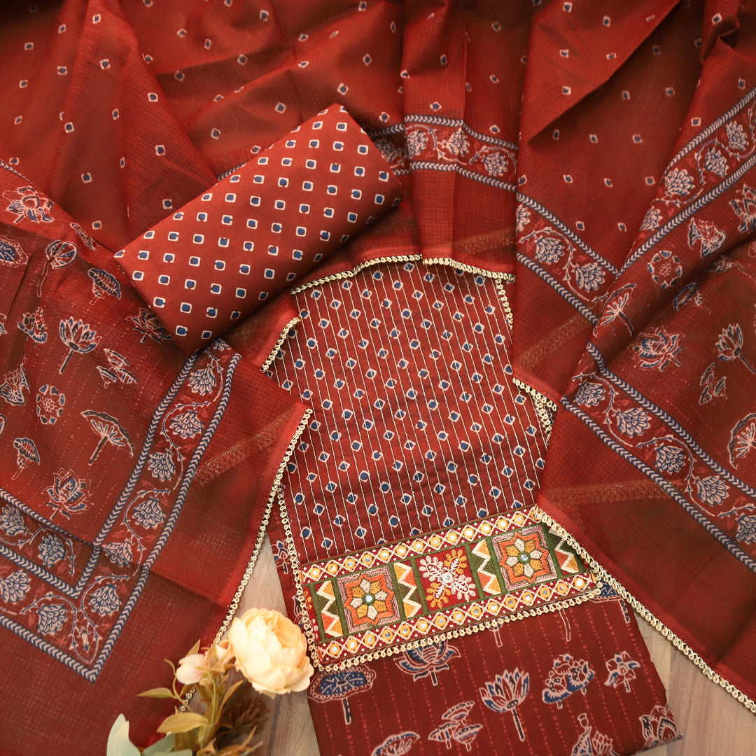 Palak Red Zari Work Embroidered Yoke Ajrak Print Cotton Set