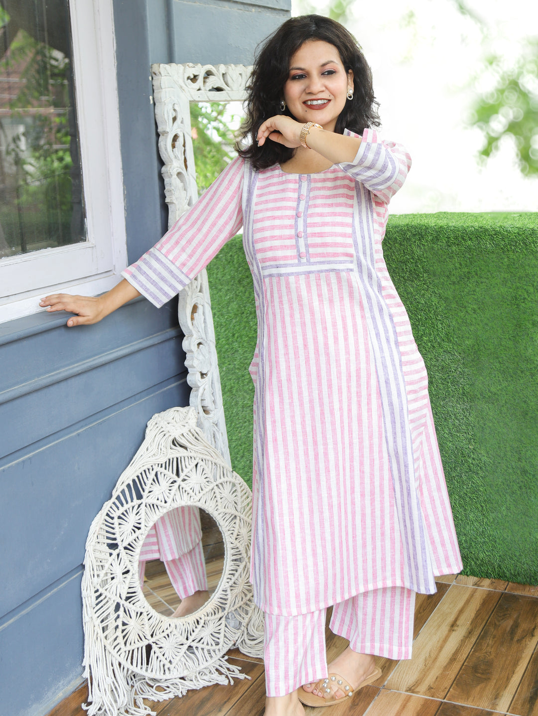 Dharvi White Pink Stripe Triple Panel Style Linen 2 Piece Set