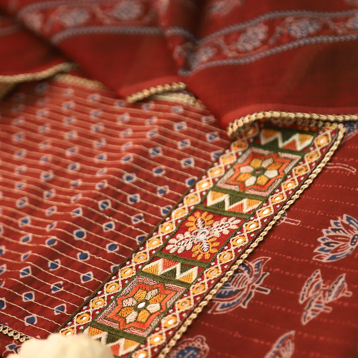 Palak Red Zari Work Embroidered Yoke Ajrak Print Cotton Set