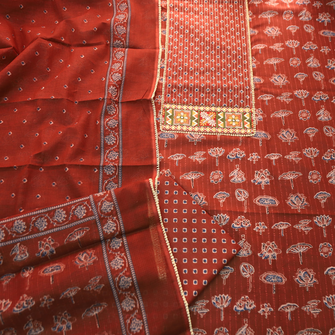 Palak Red Zari Work Embroidered Yoke Ajrak Print Cotton Set
