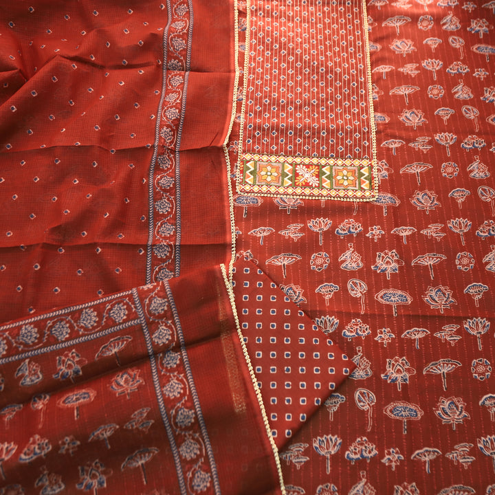 Palak Red Zari Work Embroidered Yoke Ajrak Print Cotton Set