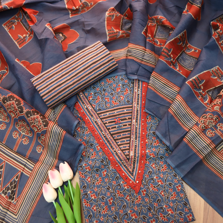 Sourya Denim Blue Lace Work in Ajrakh Print Cotton Set
