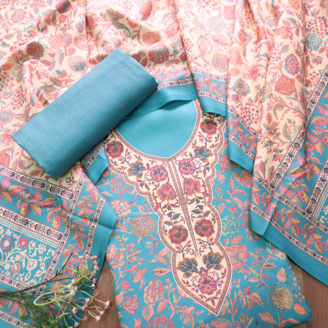 Sayren Sky Aqua Digital Kashmiri Printed Semi Pashmina Winter Set