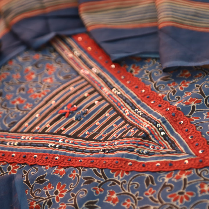 Sourya Denim Blue Lace Work in Ajrakh Print Cotton Set