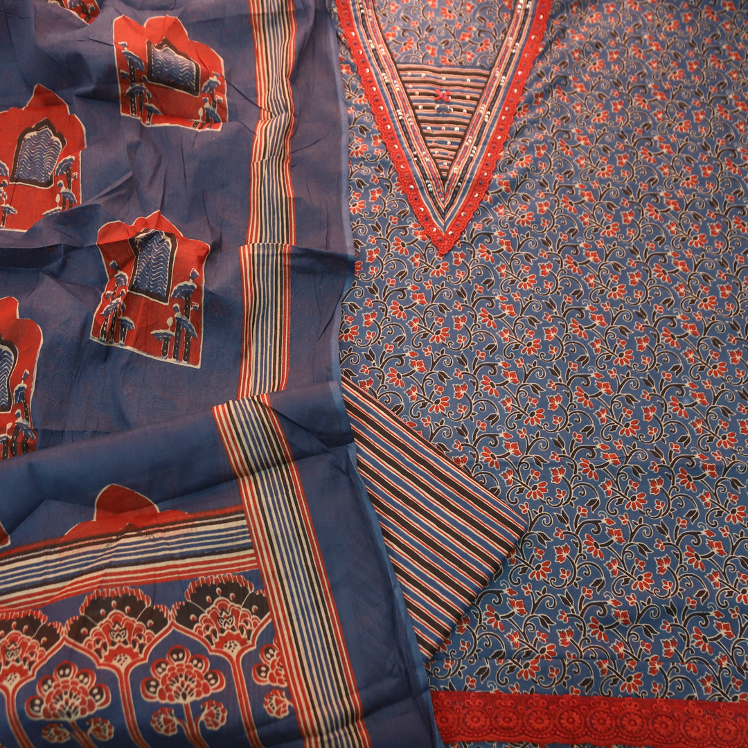 Sourya Denim Blue Lace Work in Ajrakh Print Cotton Set