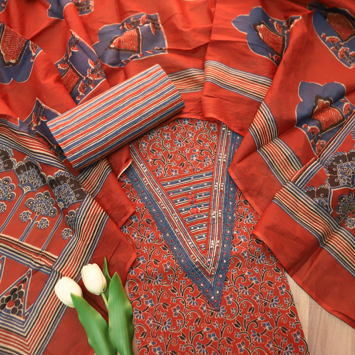 Sourya Cherry Red Lace Work in Ajrakh Print Cotton Set