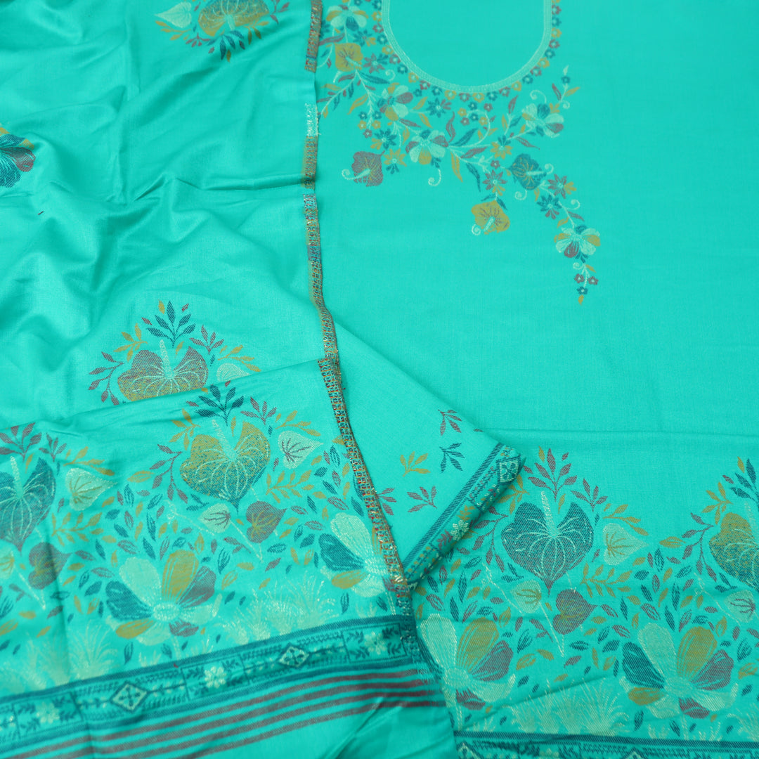 दर्शनी Sea Form Green Thread with Zari Neck Work Semi Pashmina Winter Suit Set