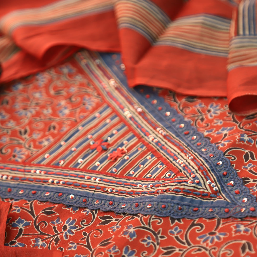 Sourya Cherry Red Lace Work in Ajrakh Print Cotton Set