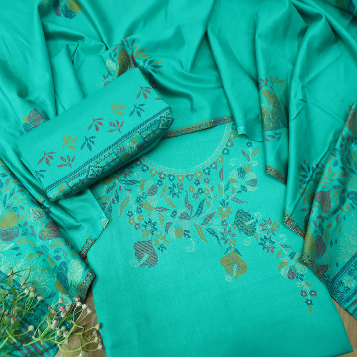 दर्शनी Sea Form Green Thread with Zari Neck Work Semi Pashmina Winter Suit Set