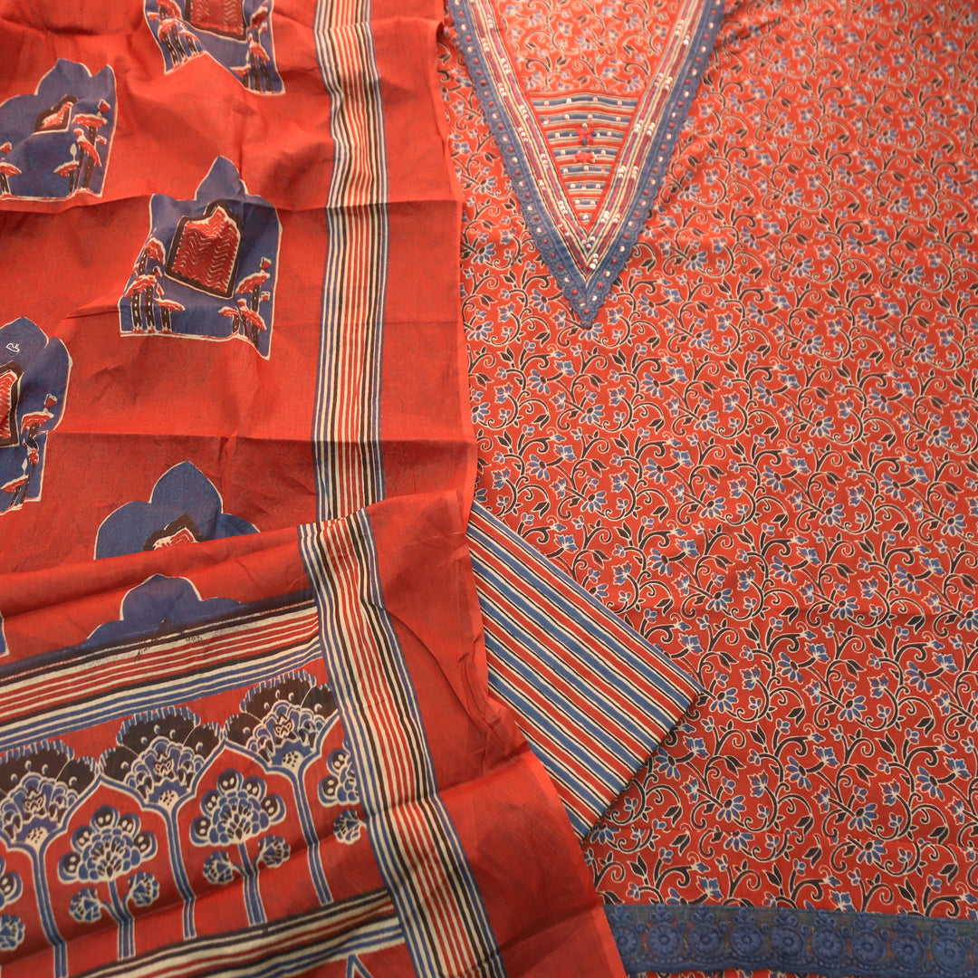 Sourya Cherry Red Lace Work in Ajrakh Print Cotton Set