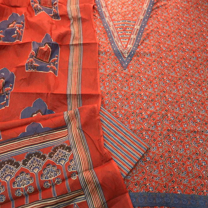 Sourya Cherry Red Lace Work in Ajrakh Print Cotton Set