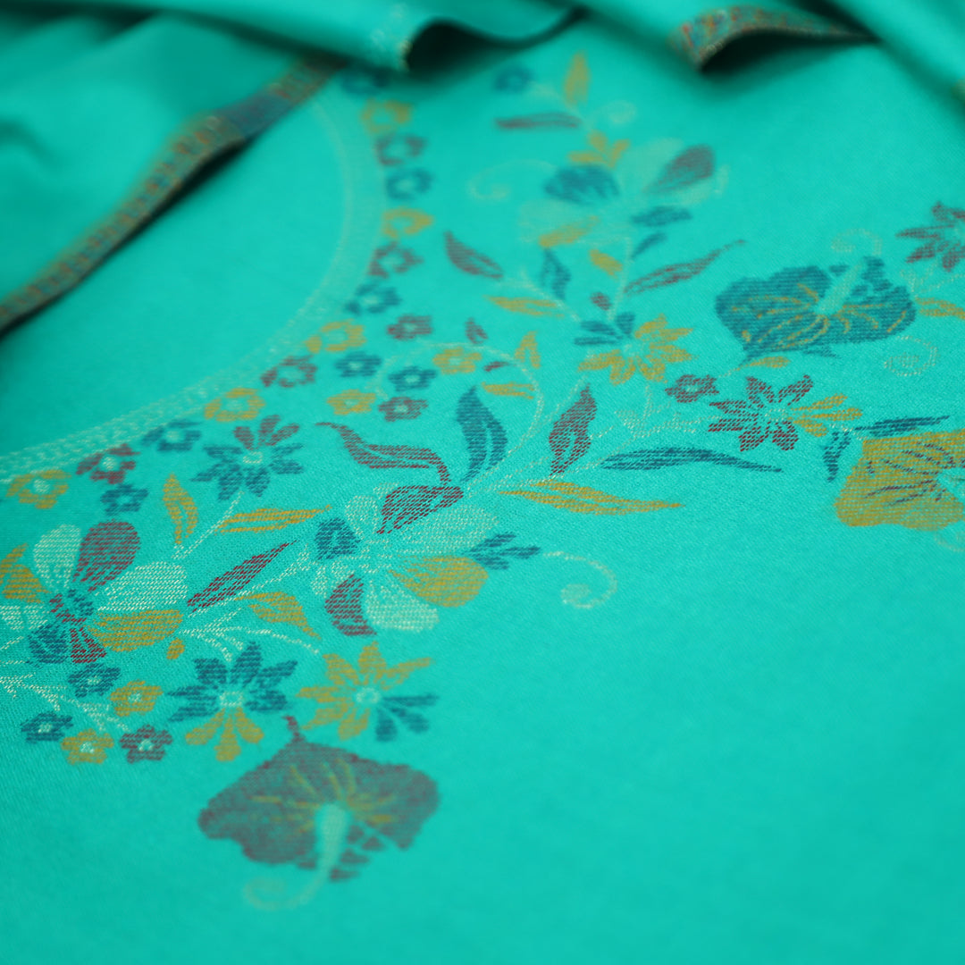 दर्शनी Sea Form Green Thread with Zari Neck Work Semi Pashmina Winter Suit Set