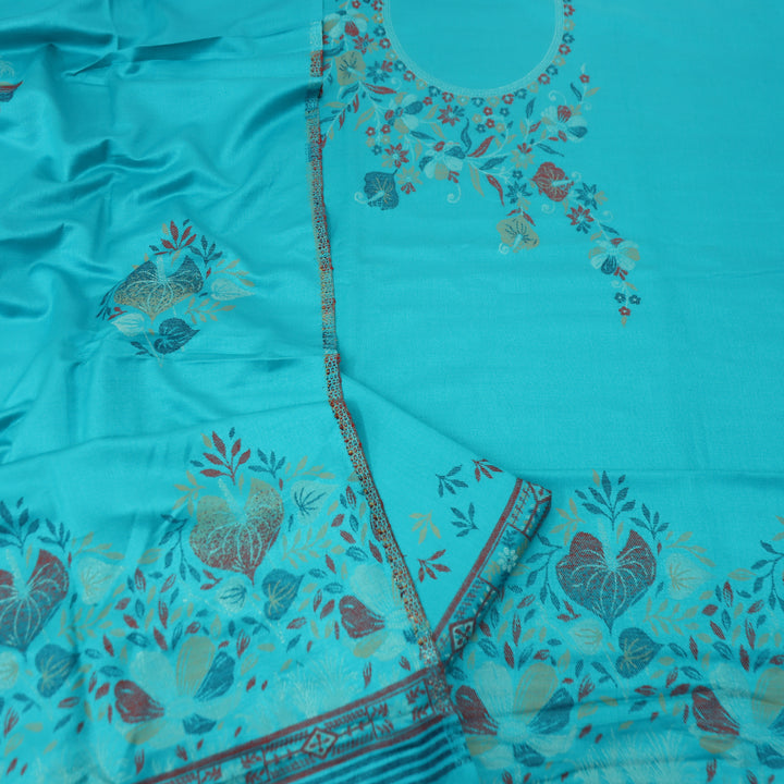 दर्शनी Aqua Blue Thread with Zari Neck Work Semi Pashmina Winter Suit Set