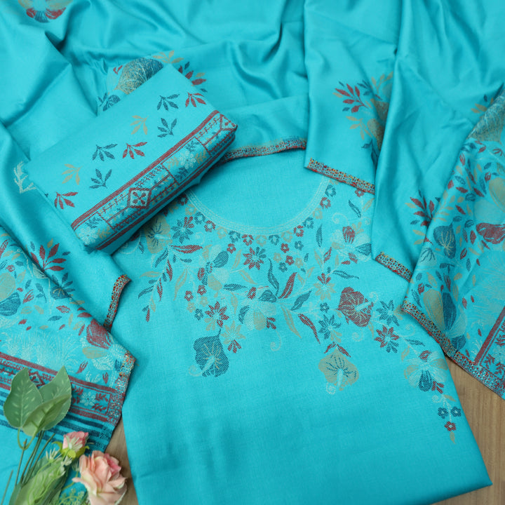 दर्शनी Aqua Blue Thread with Zari Neck Work Semi Pashmina Winter Suit Set