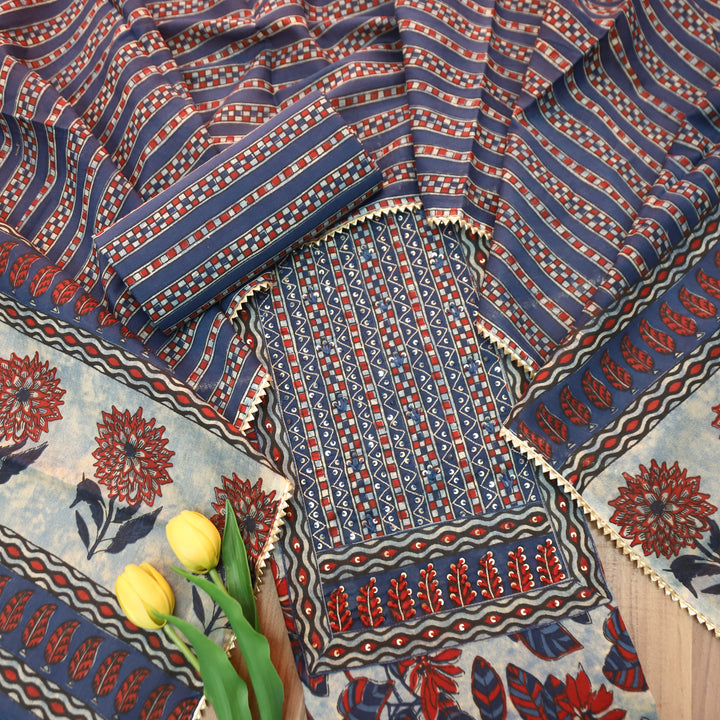 Phool Denim Blue Zari Work Yoke Floral Printed Cotton Set