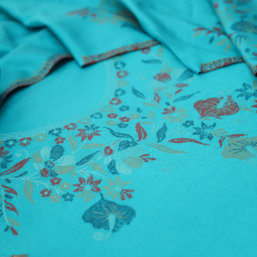 दर्शनी Aqua Blue Thread with Zari Neck Work Semi Pashmina Winter Suit Set