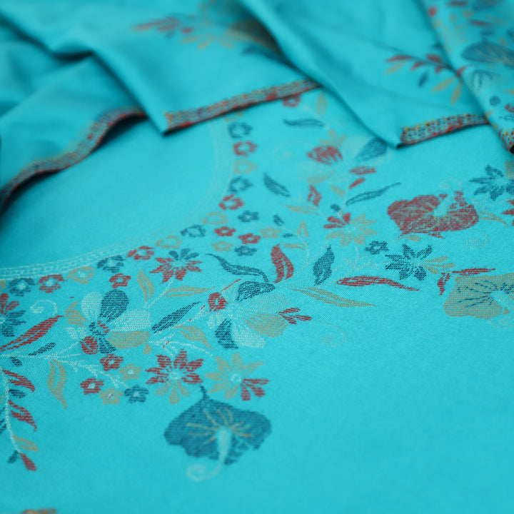 दर्शनी Aqua Blue Thread with Zari Neck Work Semi Pashmina Winter Suit Set