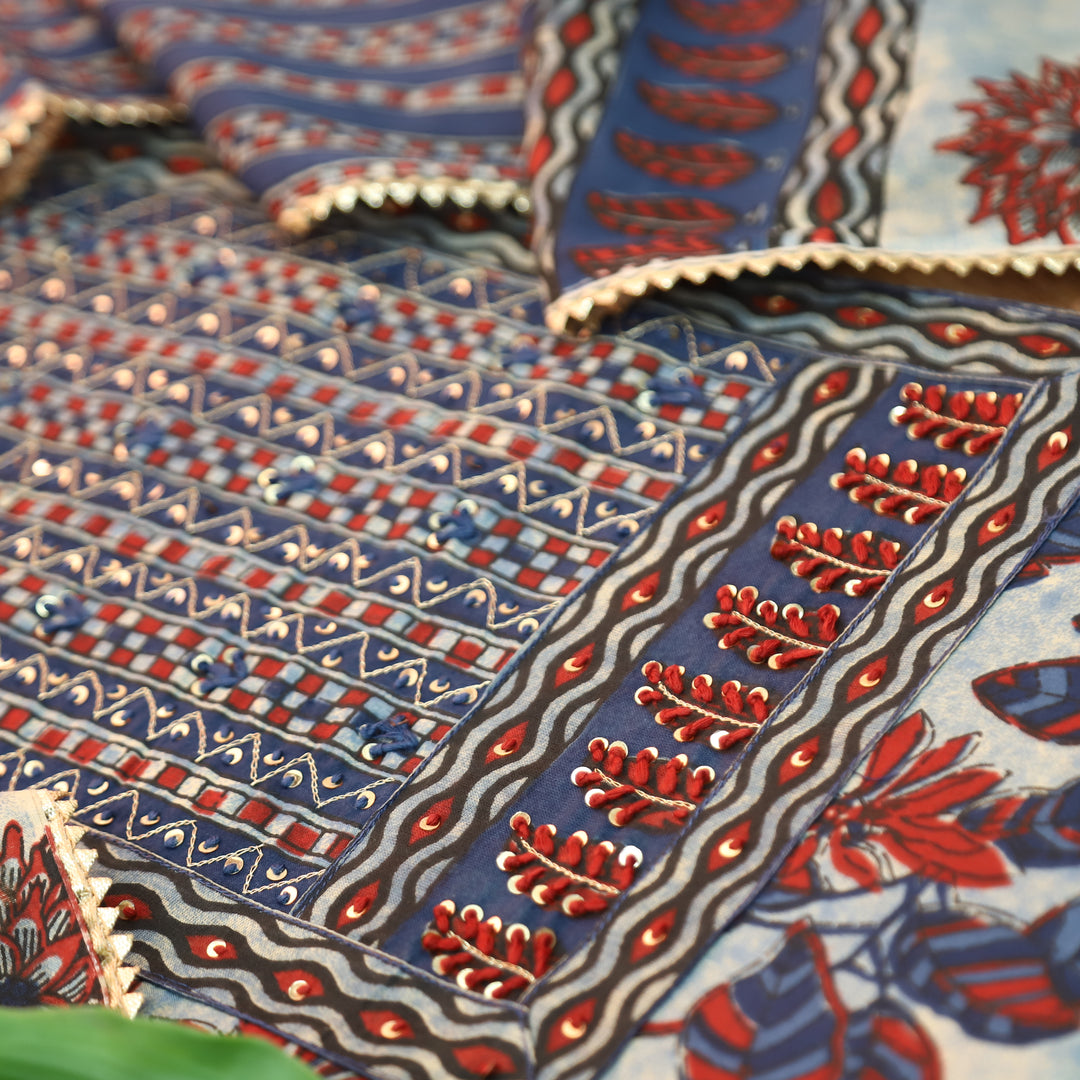 Phool Denim Blue Zari Work Yoke Floral Printed Cotton Set