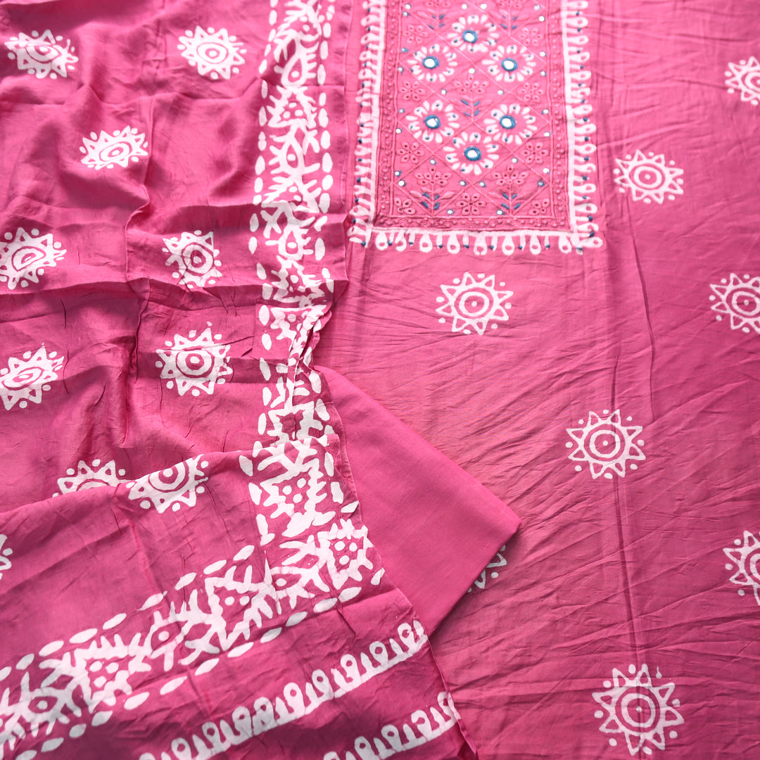 Rupali Mauve Purple Schiffli Thread Work with Mirror Neck Batik Print Modal Set