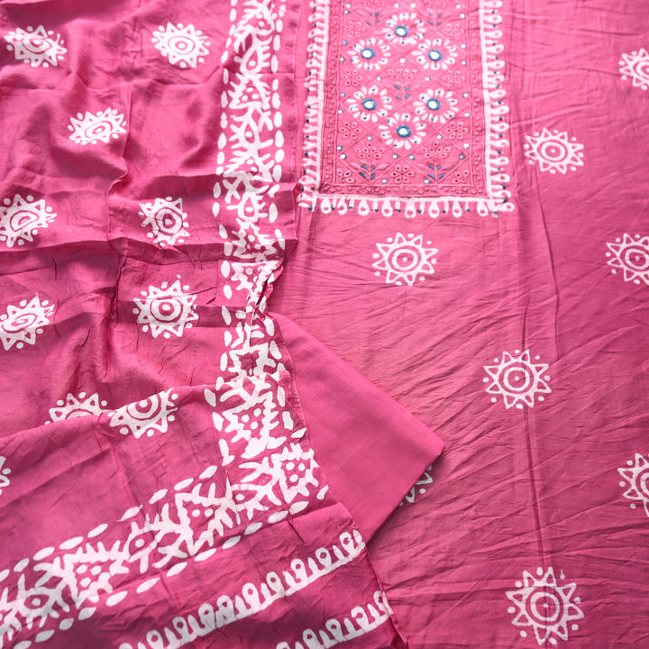 Rupali Mauve Purple Schiffli Thread Work with Mirror Neck Batik Print Modal Set