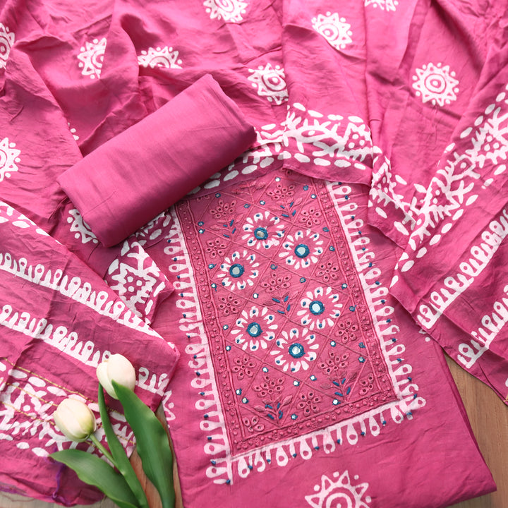 Rupali Mauve Purple Schiffli Thread Work with Mirror Neck Batik Print Modal Set