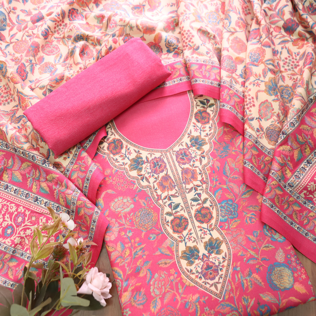 Sayren Punch Pink Digital Kashmiri Printed Semi Pashmina Winter Set