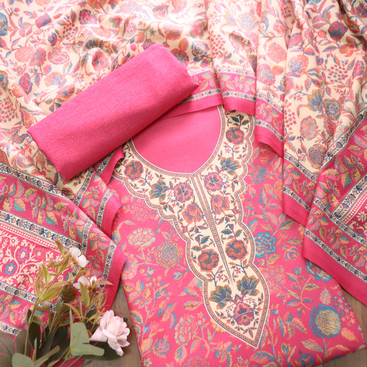 Sayren Punch Pink Digital Kashmiri Printed Semi Pashmina Winter Set