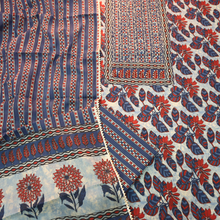 Phool Denim Blue Zari Work Yoke Floral Printed Cotton Set