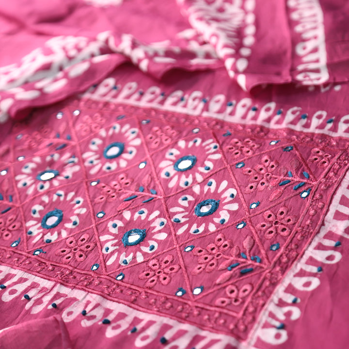 Rupali Mauve Purple Schiffli Thread Work with Mirror Neck Batik Print Modal Set