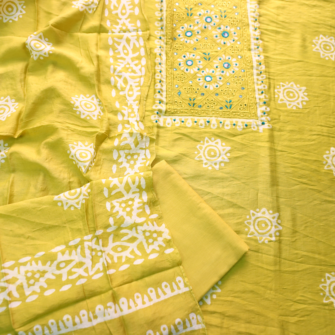 Rupali Corn Yellow Schiffli Thread Work with Mirror Neck Batik Print Modal Set