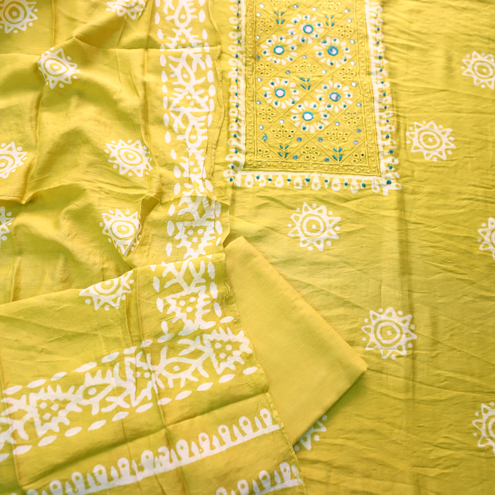 Rupali Corn Yellow Schiffli Thread Work with Mirror Neck Batik Print Modal Set