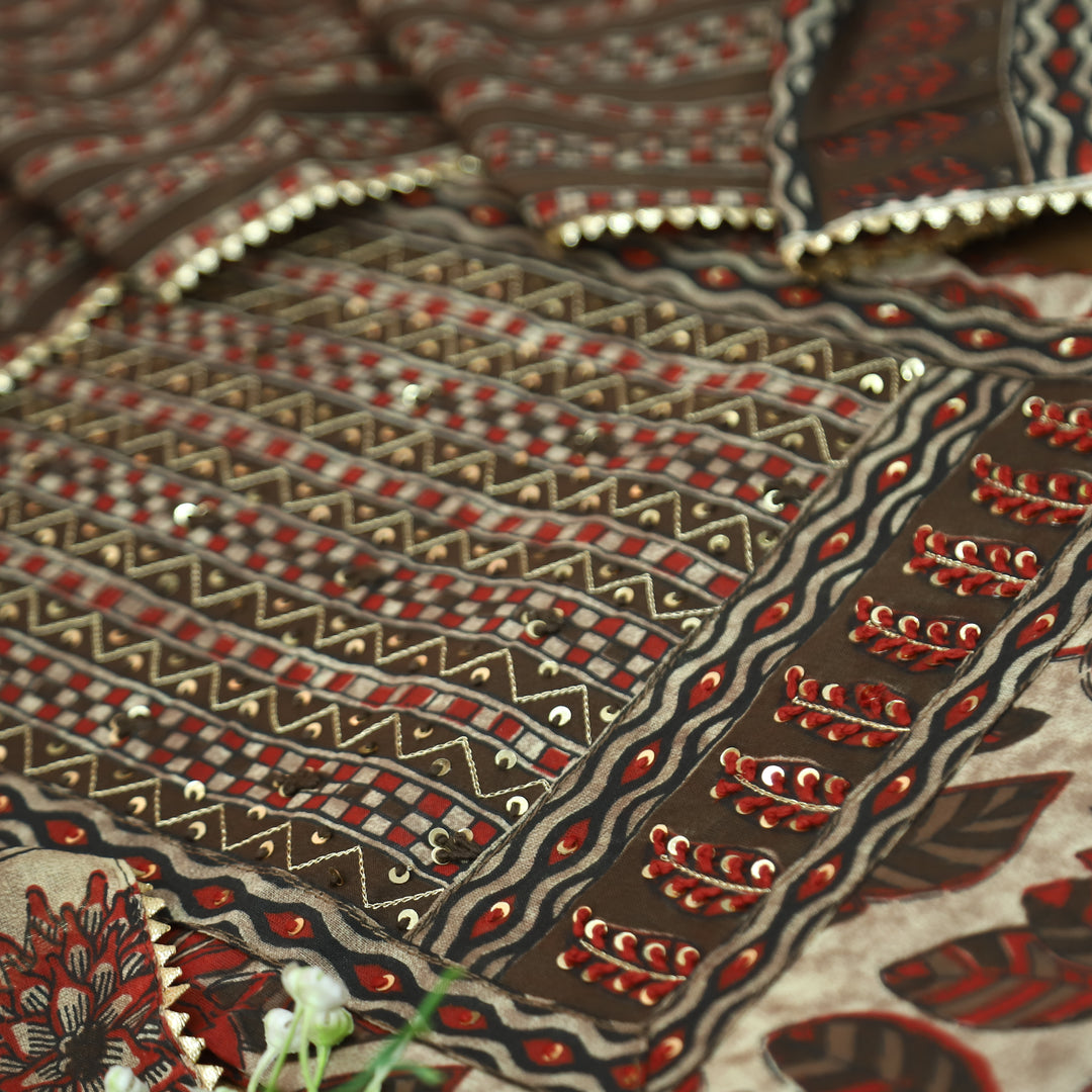 Phool Tan Hazel Zari Work Yoke Floral Printed Cotton Set