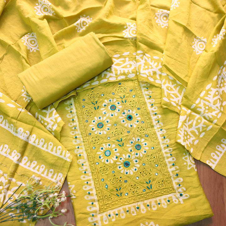 Rupali Corn Yellow Schiffli Thread Work with Mirror Neck Batik Print Modal Set