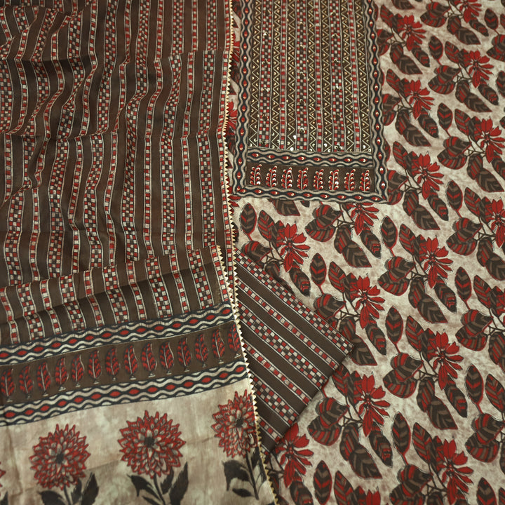 Phool Tan Hazel Zari Work Yoke Floral Printed Cotton Set