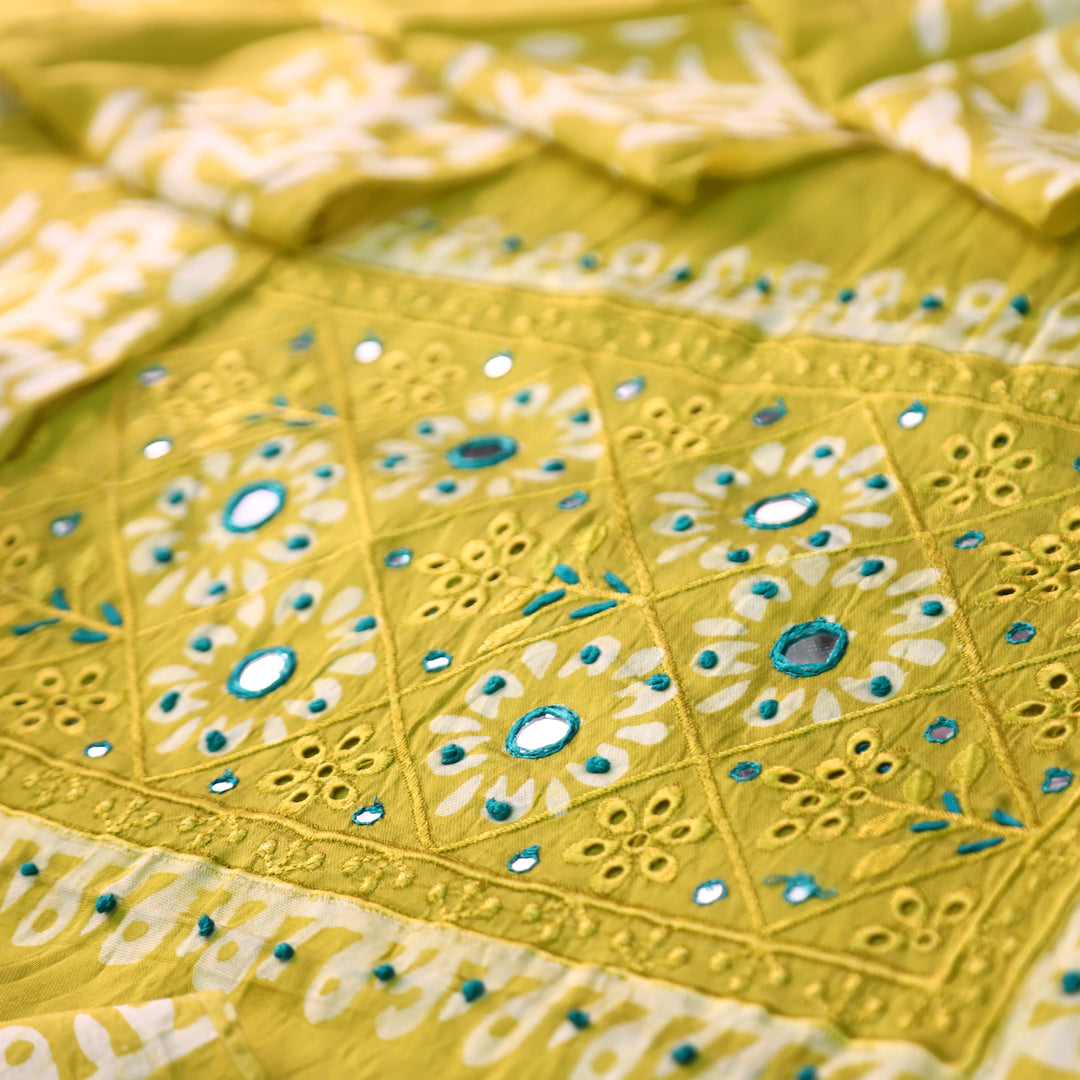 Rupali Corn Yellow Schiffli Thread Work with Mirror Neck Batik Print Modal Set