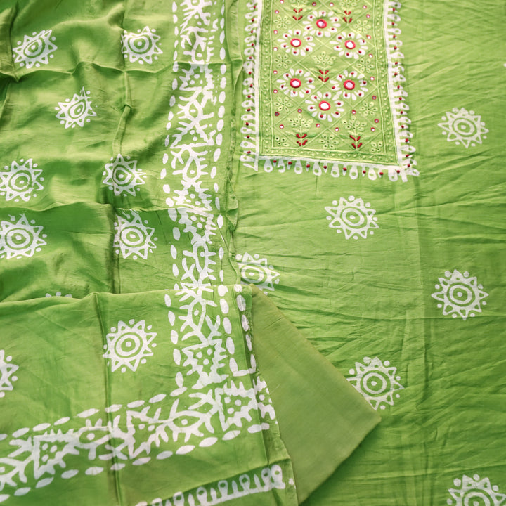 Rupali Parrot Green Schiffli Thread Work with Mirror Neck Batik Print Modal Set