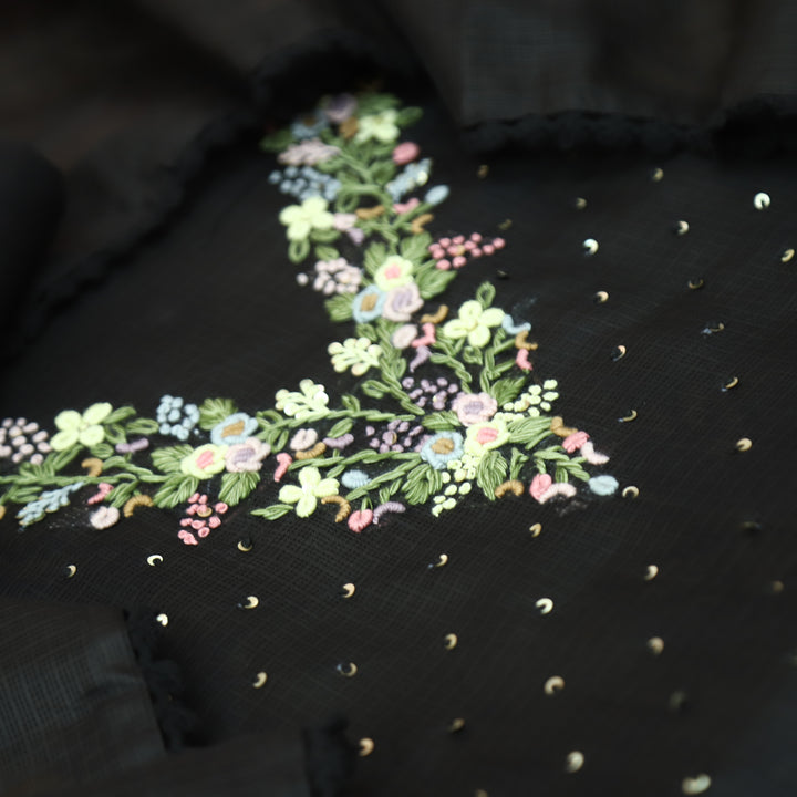 Brishta Black Kolkata Hand Embriodered Kota Doriya Set