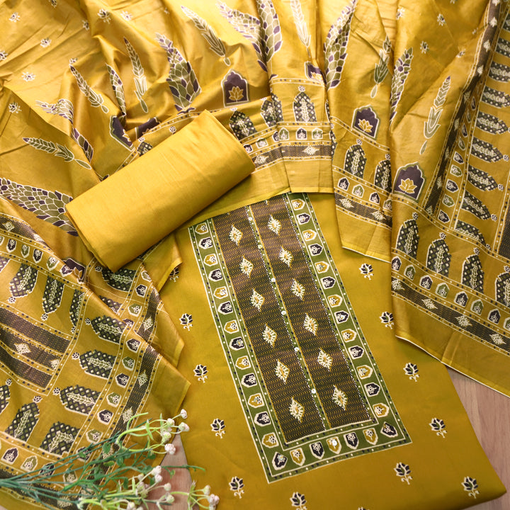 Tvisha Dandelion Yellow French Knot Printed Jam Cotton Set