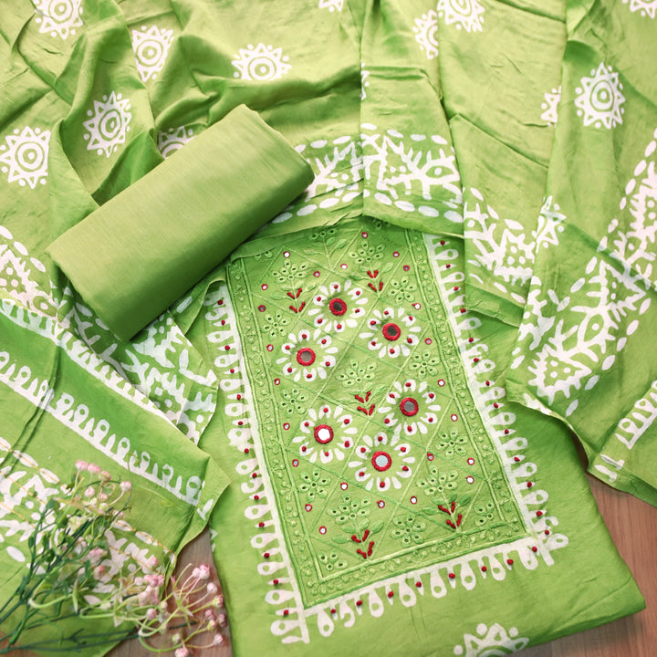 Rupali Parrot Green Schiffli Thread Work with Mirror Neck Batik Print Modal Set