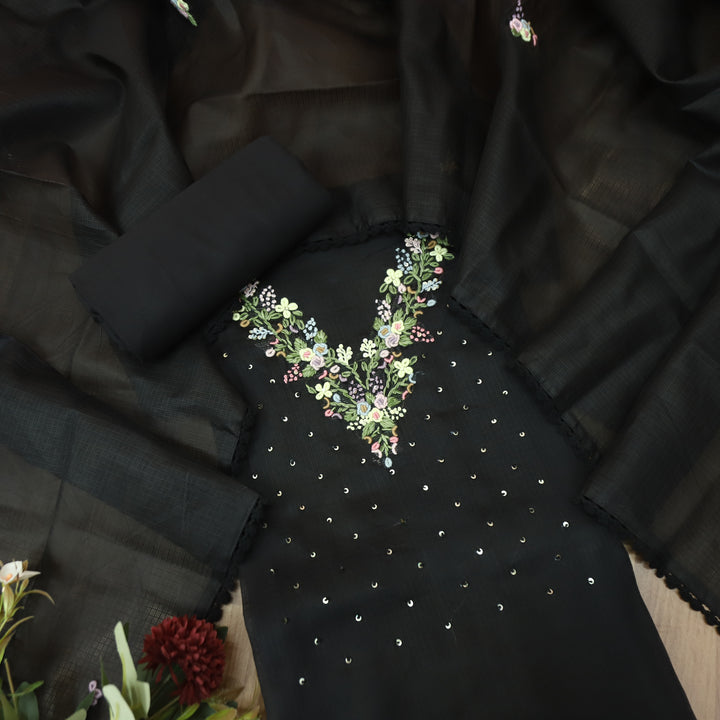 Brishta Black Kolkata Hand Embriodered Kota Doriya Set