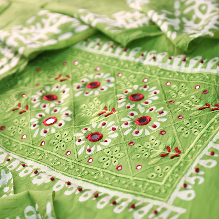 Rupali Parrot Green Schiffli Thread Work with Mirror Neck Batik Print Modal Set